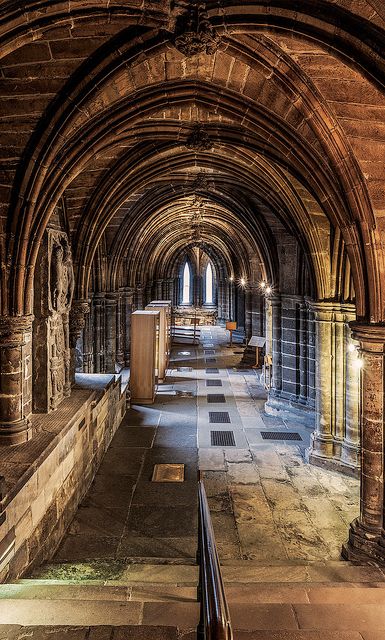 Entrance to the crypt of the Glasgow Cathedral. Built before the Reformation from the late 12th century onwards and serving as the seat of the Bishop and later the Archbishop of Glasgow, the building is a superb example of Scottish Gothic architecture.