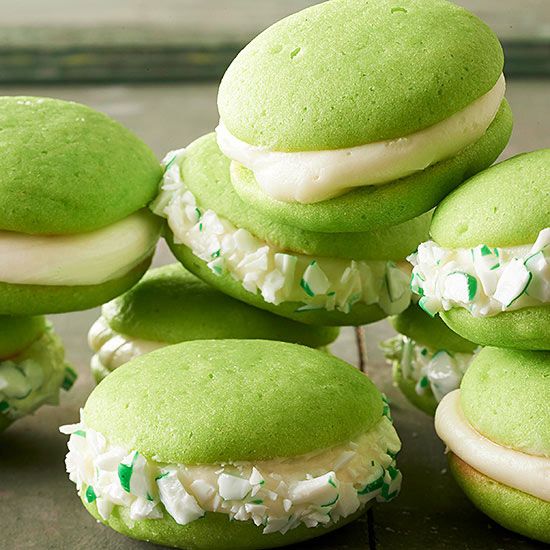Perfect green whoopie pies with a center of white chocolate and mascarpone. Roll the edges in crushed spearmint candies for uber-appeal.