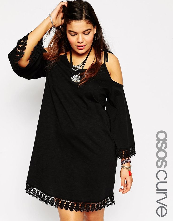 ASOS CURVE Swing Dress With Cold Shoulder & Lace Hem