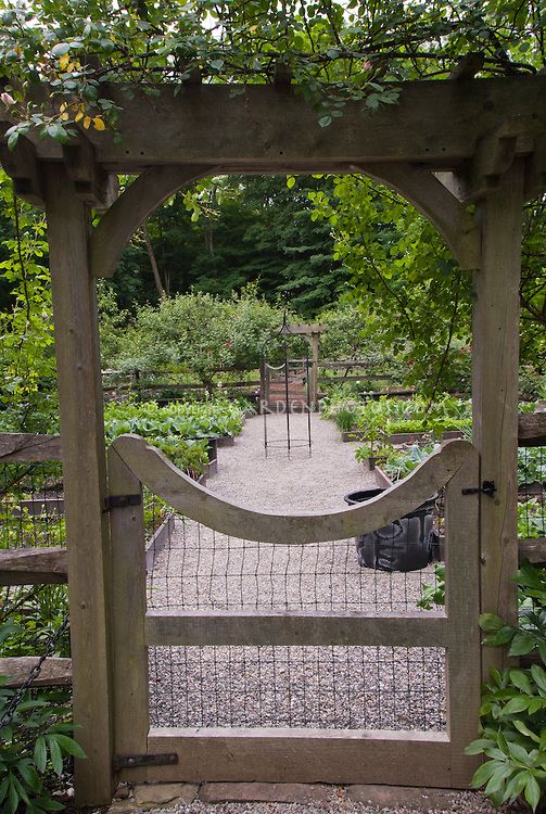 Raised Bed Vegetable & Herbs Garden Fenced Gate, stone pebble walkway, protection from pest animals, fruit trees at rear