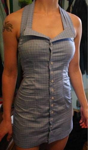 XL men's shirt to pinup halter dress tutorial. Holy crap that's cute.