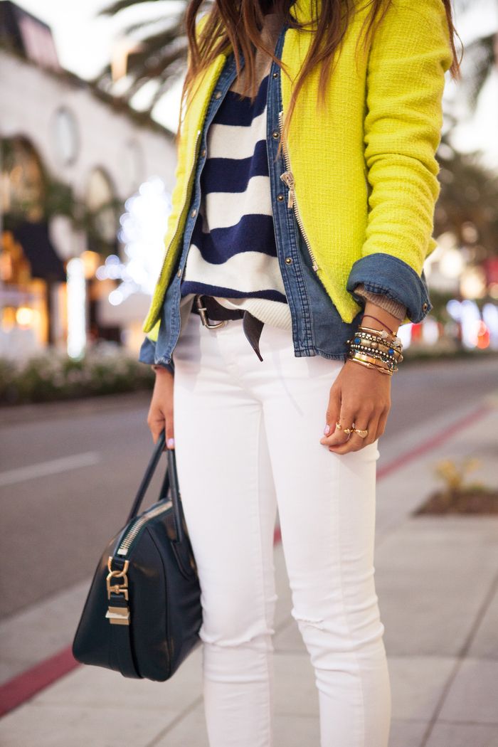 Love the yellow blazer, stripes, and the denim shirt! Great layering