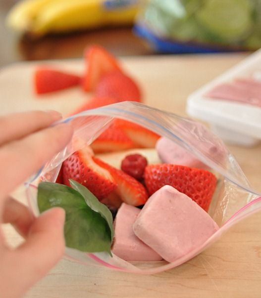 yogurt frozen in ice cube trays and then all smoothie ingredients in individual baggies for easy making later!