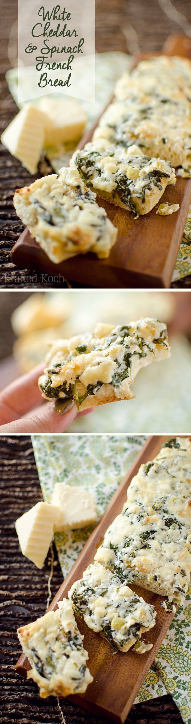 White Cheddar & Spinach French Bread - Krafted Koch - Crusty French bread topped with baby spinach sautéed in butter with garlic and green onions and mixed with extra sharp white cheddar for a decadent appetizer or vegetarian entrée recipe your guests