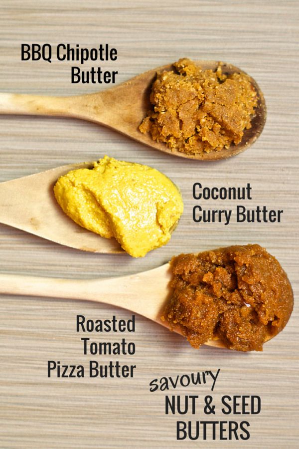 3 Savoury Nut & Seed Butters to boost your health: BBQ Chipotle, Coconut Curry, and Roasted Tomato Pizza. Tastes great with crackers, on toast, or with raw veggies!