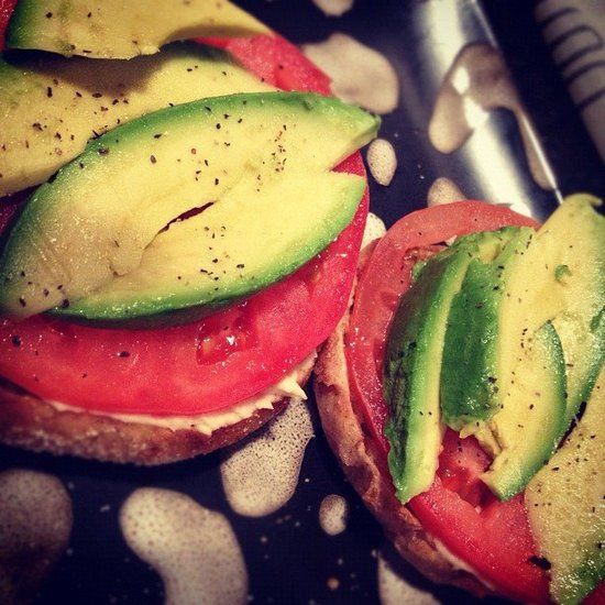 PERFECT Lunch: English muffin, hummus, tomato, & avocado.