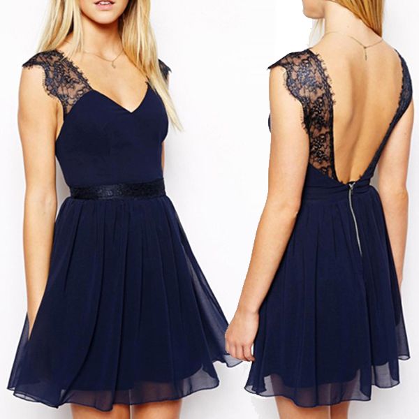 V Neck Spaghetti Strap Sleeveless A Line Blue Cotton Mini Dress