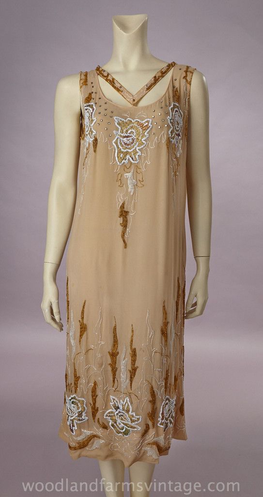 1920s Beige Silk Chiffon Beaded Dress, Worn For Calvin Coolidge Inagur | Woodland Farms Vintage