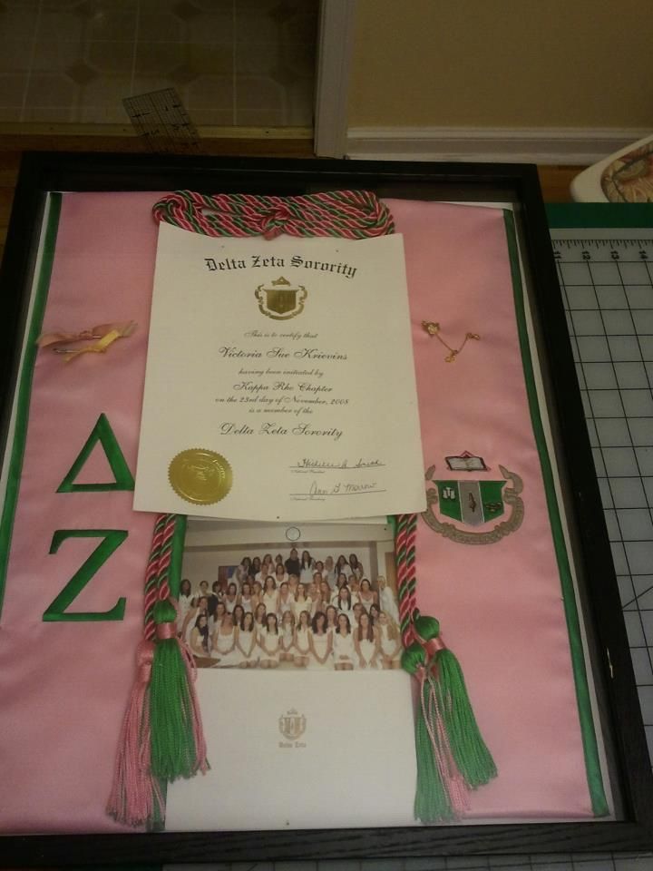 Bid card, initiation card, pledge class photo/sorority photo, graduation stole... Such a good idea. Probably going to use some of this idea