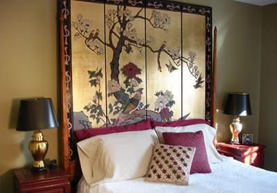 a folding screen as a headboard -- could work extraordinarily well in certain themed rooms