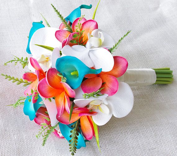Wedding Coral Orange and Turquoise Teal Natural Touch Orchids, Callas and Plumerias Silk Flower Bride Bouquet on Etsy, $135.00