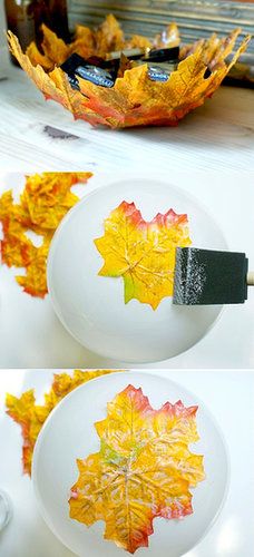 These Fall leaf bowls capture the essence of the season. Use faux leafs and Mod Podge to create this lovely bowl.  Source: Hello Lucky