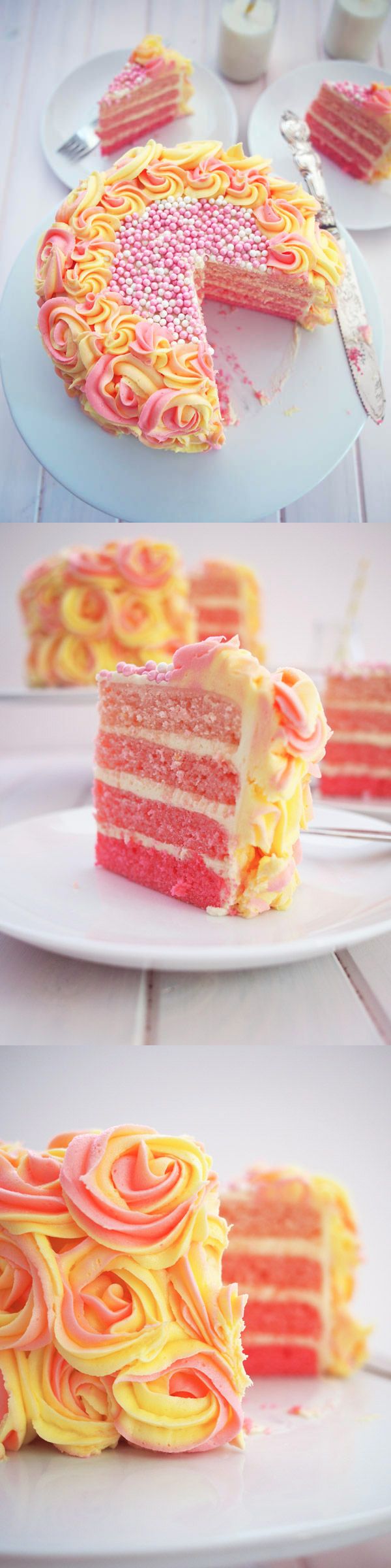Pink Rainbow Lemonade Cake with Buttercream Icing Recipe ~ Refreshing, and colorful... No cake is complete without delicious icing, and this pink lemonade cake has endless layers of creamy buttercream – yummm!!