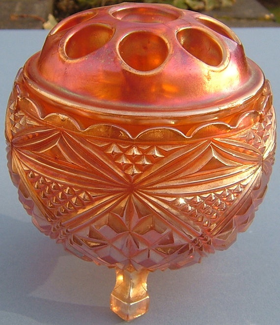 A 1920s Art Deco Marigold Carnival Glass Flower Bowl - Made in England by Sowerby