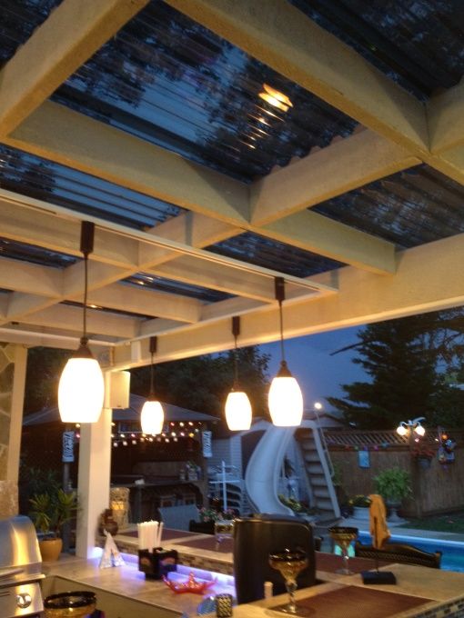 covered pergola love the roofing material...let's int he light but keeps the shade. Screen it it for a wonderful area by sunroom.