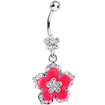 Crystalline Gem Pink Neon Flower Dangle Belly Ring | Body Candy Body Jewelry