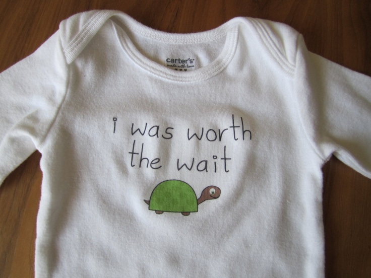 cute bodysuit / onesie - i was worth the wait slogan - green gender neutral turtle. $12.00, via Etsy.