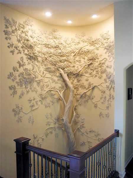 Tom Moberg | Artist Portfolio | Moberg Gallery... believe he uses an actual tree... encased in drywall mud ... and sculpts the rest of the bas relief using dry wall mud... and maybe sometimes plaster.