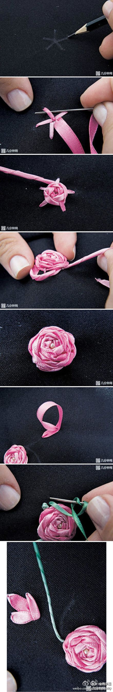 丝带绣针法之五角玫瑰绣~,DIY Embroidery Stitches, Embroidery Patterns Easy Stitch pattern for kids, pattern, kawaii, tutorial cute, awesome, cool teen crafts, easy crafts,  template,how to embroider, step by step, sewing, kids, ribbon,knot