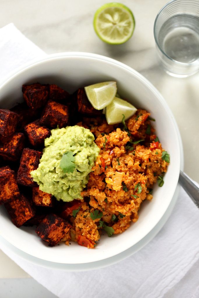Spicy Cauliflower Rice, Cinnamon-Paprika Sweet Potatoes & Avocado Mash | A quick, easy, and delicious vegan meal!