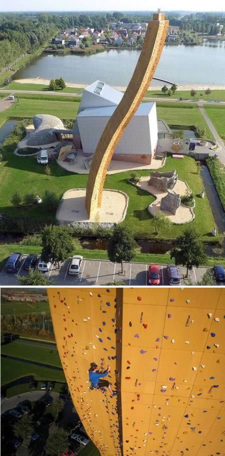 This is Excalibur, the world's highest climbing wall, located in Groningen, The Netherlands. It's over 120 feet tall! Yikes!