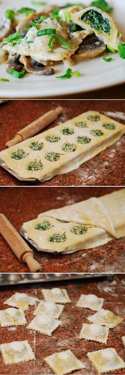 Ravioli with goat cheese and spinach filling in Parmesan cream sauce with mushrooms. Homemade from scratch, using a handy ravioli mold: detailed photo tutorial. |  Italian pasta, savory dishes, dinner recipes, dinner ideas