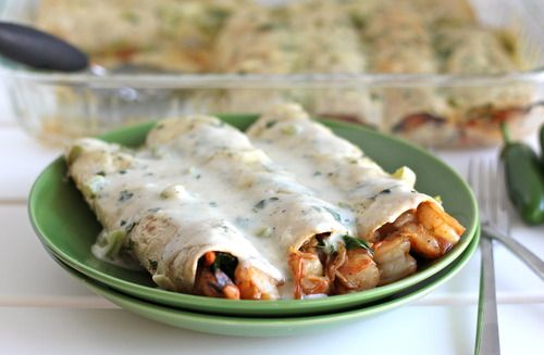 , Roasted Shrimp Enchiladas with Jalapeño Cream Sauce
