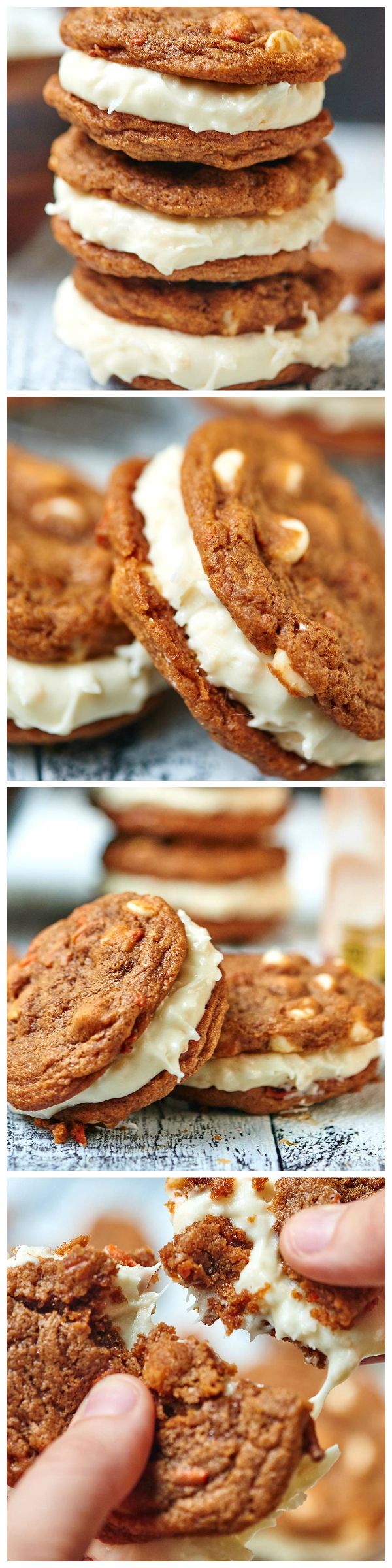 Carrot Cake Cookies studded w/ white chocolate chips & smothered in a Coconut Cream Cheese Frosting!