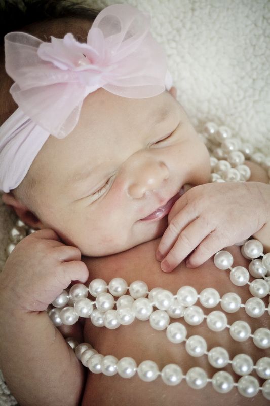 Newborn baby girl photo with pearls! So adorable!