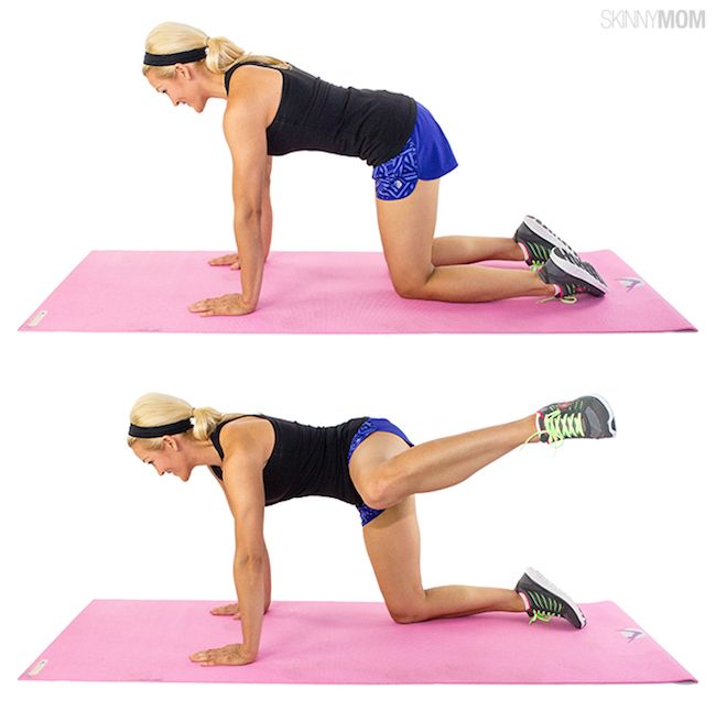 Fire Hydrant: You will practically feel the cellulite dripping off with this killer move in your glutes, hips and thighs. Here’s how to do it: Start on all fours with a flat back, and keep the abs pulled in tight (belly button to spine). Lift left knee up