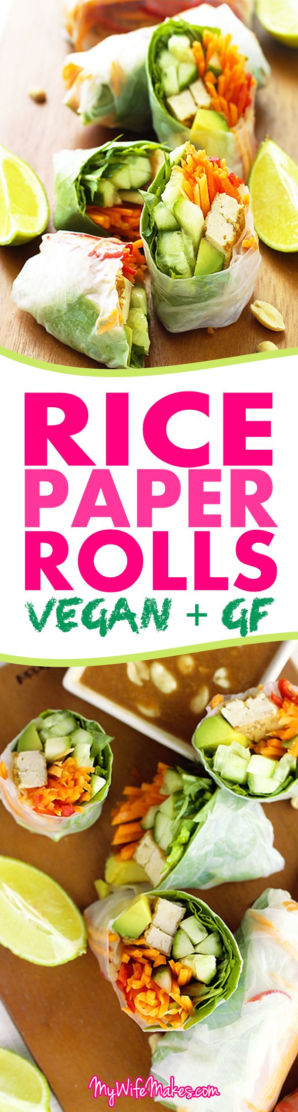 Easy lunch recipe for Vegan Rice Paper Rolls with Hoisin Peanut Dipping Sauce. Filled with avocado, carrots, cucumbers, chillies, and other healthy ingredients. #ricepaperrolls #rolls #ricepaper #vegan #healthy #vietnamese #recipe #veganrecipe #veganfood