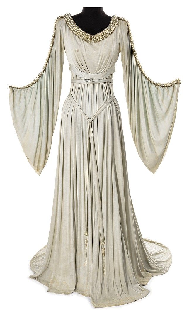 Grey crepe period dress purchased at the 1970 MGM auction. (MGM, ca. 1935) flowing sleeves adorned with faux pearls