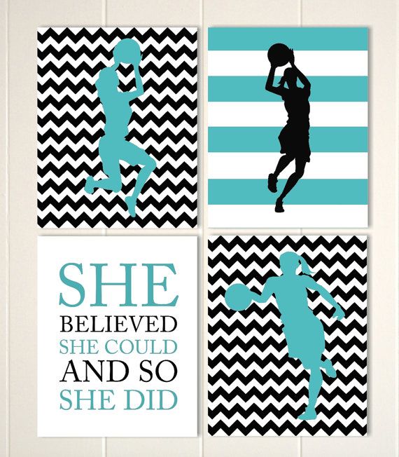 Basketball girls wall art, girls room decor, black turquoise, chevron, girls quote art, inspirational sports art, set of 4, custom colors by PicabooArtStudi