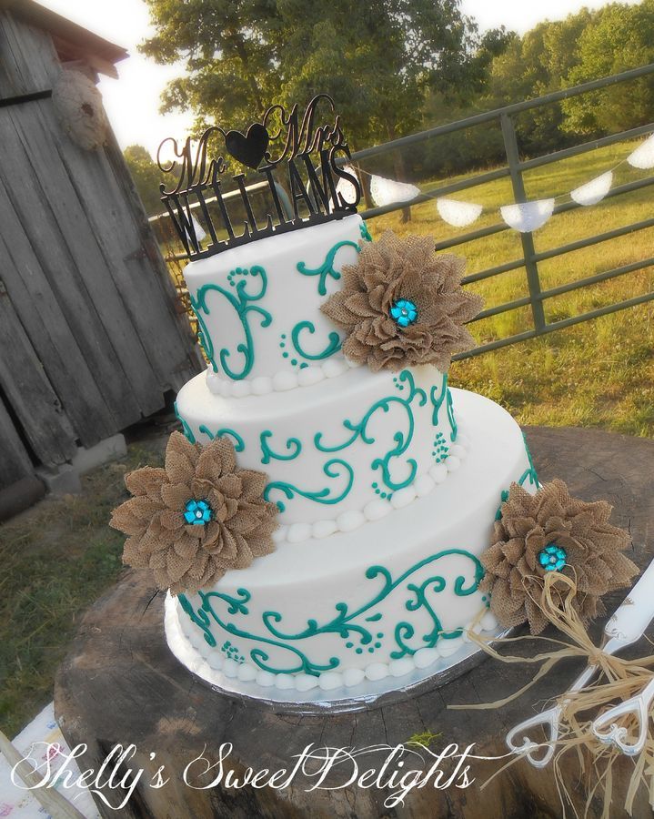 burlap wedding cake | Teal Scrolls and Burlap Flowers — Round Wedding Cakes