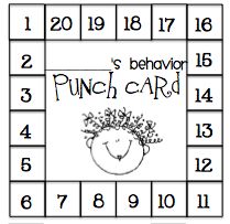 Behaviour punch cards: At the end of a good day, they get a hole punched in their Behavior Punch Card. After they get 20 hole punches they get to pick out of the prize box! I copy the punch card on colored cardstock and I have my kiddos store them in thei