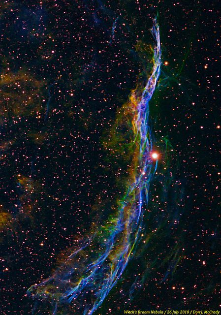 Witch's Broom Nebula: The Witch's Broom Nebula is also part of the famous Veil Nebula complex, this being the western portion. The entire complex is the remnant of a powerful supernova explosion which occurred thousands of years ago, sending eleme