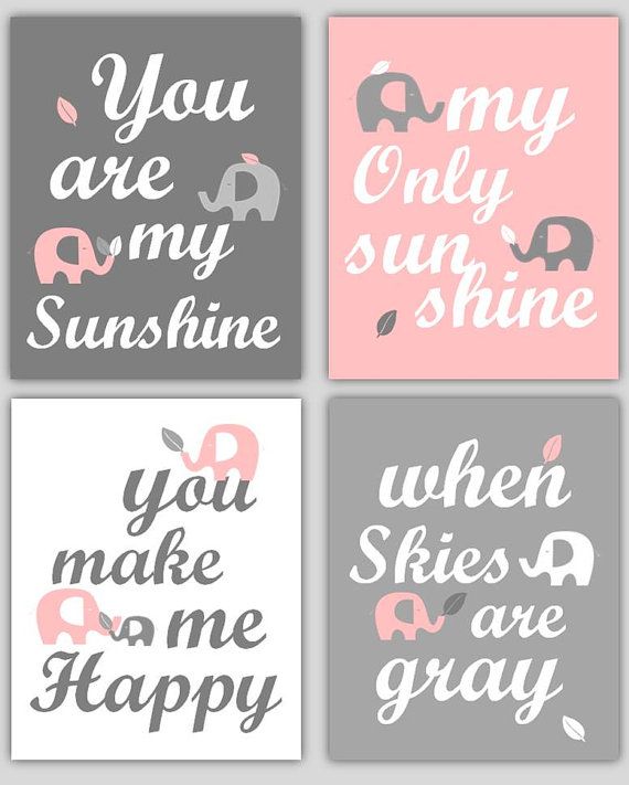 Art for Girls Room Pink and Gray Nursery Decor Prints You Are My Sunshine Elephant and leaf - 8x10 - baby shower gift, for boy or girl on Etsy, $55.00