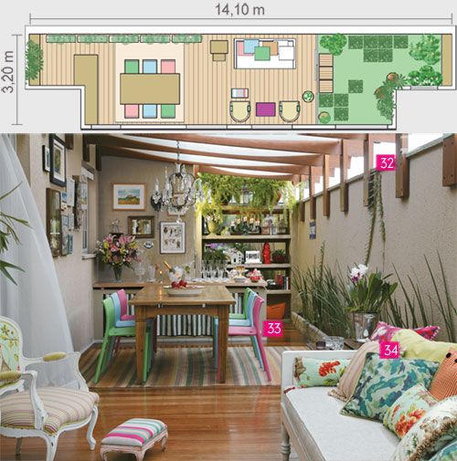 Sobre as pranchas do pergolado de cumaru, placas de vidro protegem a varanda. Nos intervalos, faixas de lona branca, presas por ilhoses, garantem a sombra. 33. Cadeiras coloridas: brincar com os três tons da Air Chair tornou mais leve o visual da mesa de 