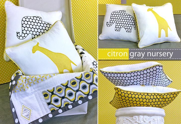 Citron-Gray Animal Applique Pillows. I'd like to mature these a bit and throw some on my bed or couch and possibly make some for future baby rooms!