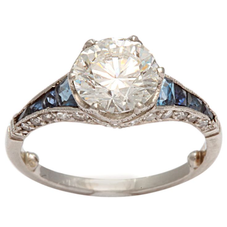 antique french ring from the 1920s - Art Deco Diamond,Sapphire and Platinum Engagement Ring - Elle W Collection