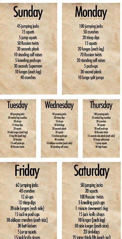 Weekly workout plan... along with 20 min of cardio, 30 day squat and plank challeneges, and 3x a week 300abs