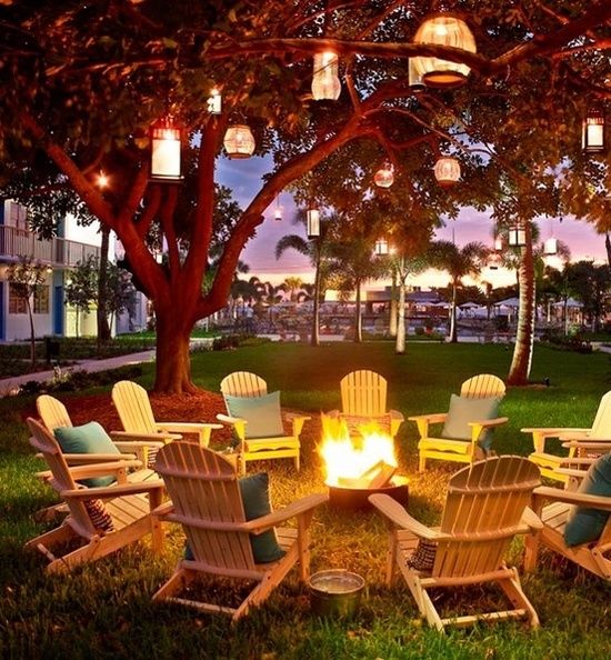 Category » Home Decor « @ DIY House Remodel Outside entertaining, lights in trees, hanging lights, bonfire seating