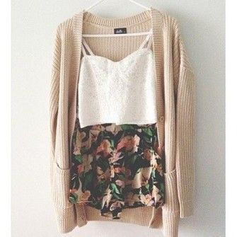 High Waisted Floral Shorts, Long Cardigan, And White Tank Top