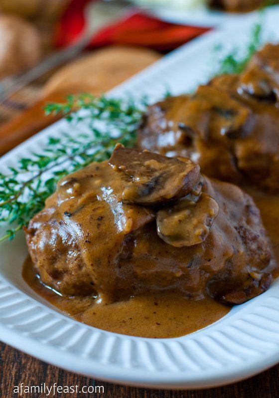 Salisbury Steak - Comfort food at it's best! Tender quality beef and pork Salisbury Steak patties served with an amazing mushroom sauce!
