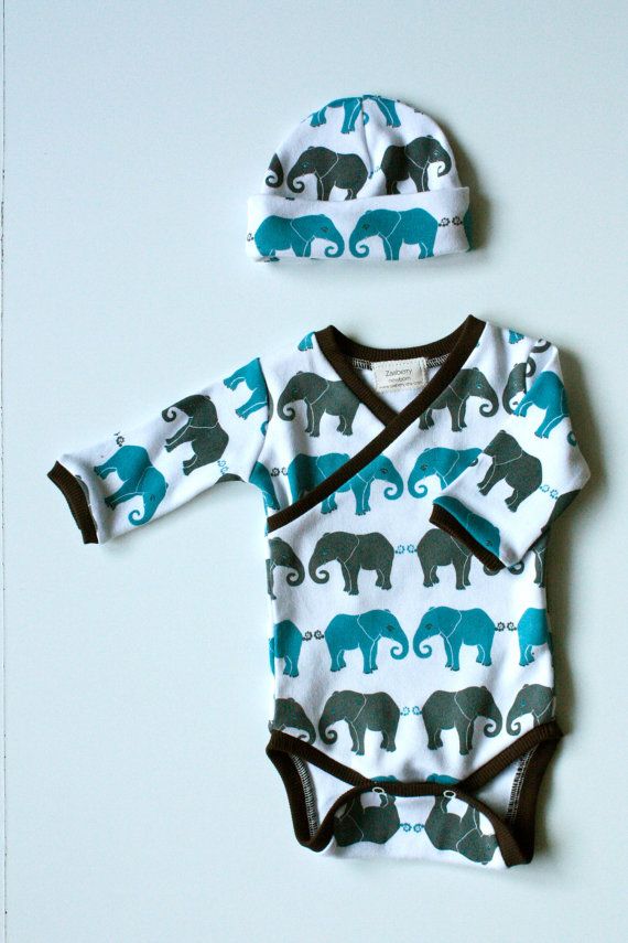 kimono onesie newborn | Newborn Elephant Print Kimono Style Onesie and Hat Set by ZaaBerry
