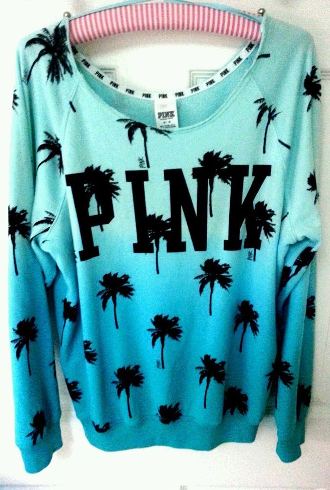 Victoria's Secret PINK Sweatshirt Palm Tree Tropical Aqua Blue Ombre Shoulder M in Clothing, Shoes & Accessories | eBay