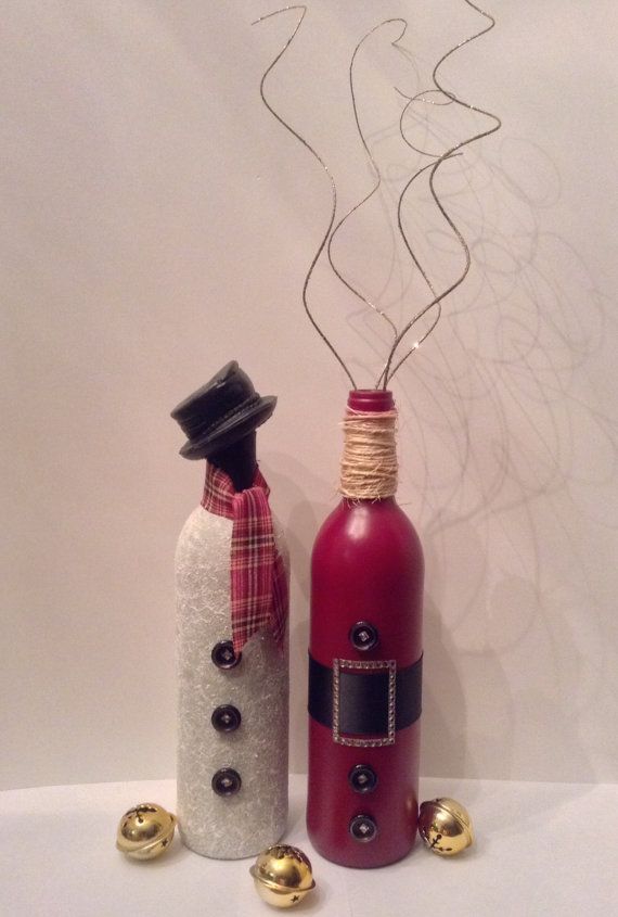 Wine Bottle Christmas Decor Frosty and Santa by EmbracetheEarth