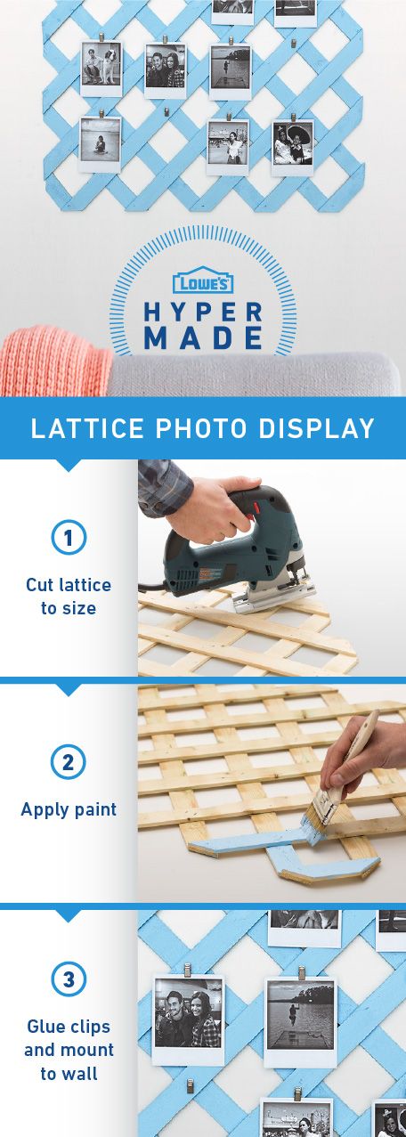 If you're looking for the perfect weekend DIY project, this is it! Select a paint color that goes with your home decor, and put together this lattice photo display in just a few hours.