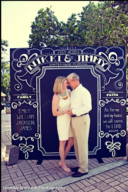 amazing chalkboard sign! Woah!! We could totally make. Aa is great at making things!! And I can paint it!! This could be a fun backdrop for our guests to pose in front of for us to keep as our own wedding favor-ites!!