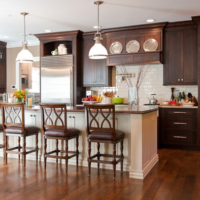 Dark Cabinets Design, Pictures, Remodel, Decor and Ideas  (cherry floor, darker cabinets, white island w/ thick trim)